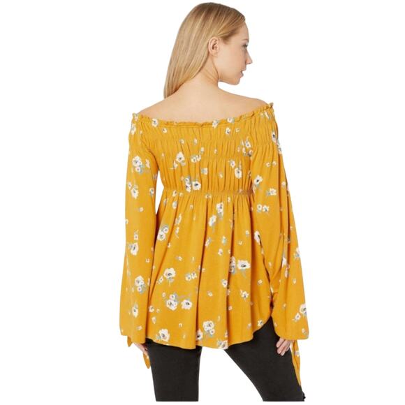 Free People Yellow Floral Long Sleeve Top Medium Marigold Off the Shoulder Tunic - Picture 8 of 8